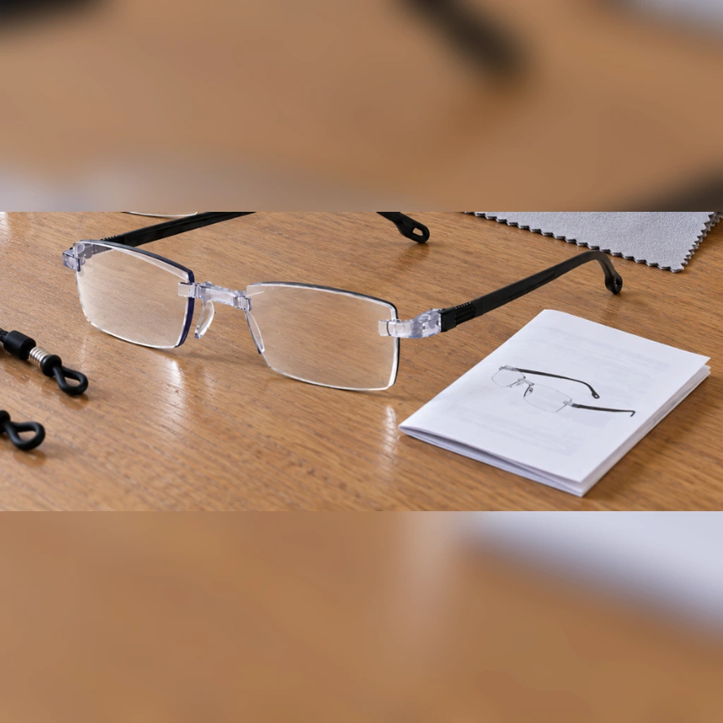 Las gafas Nitera AF sobre la mesa con el paño, el cordón y la guía